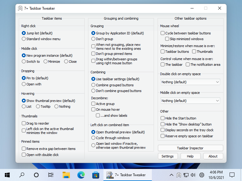 7+ Taskbar Tweaker on Windows 11 with Windows 10’s taskbar